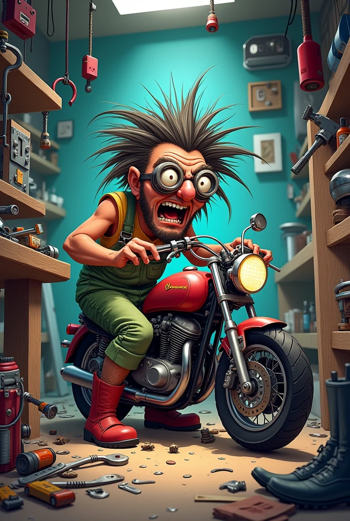 Create crazy guy named WORKSHOP JKL and a mechanic and tools and motorcycle