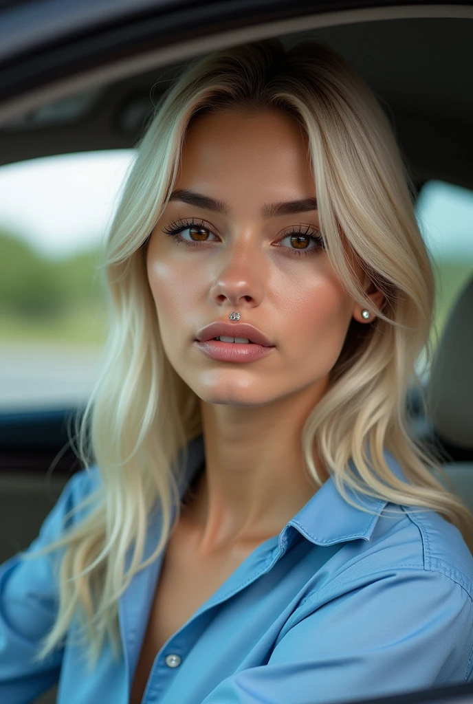 An Italian woman with straight, slightly platinum blonde hair, dark brown eyes with false eyelashes and nose piercing, inside a car with a normal facial expression and with a blue blouse with a nice lip gloss and ear with earrings, without defined jaw