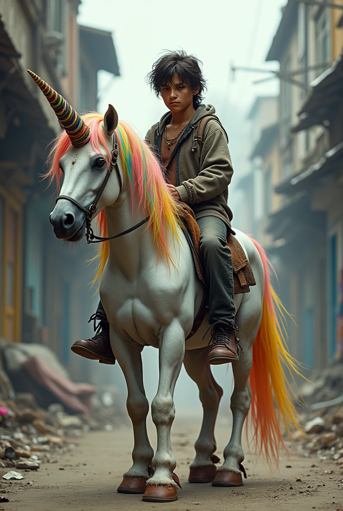 Draw a very homeless hobo who is a age boy riding a colorful unicorn