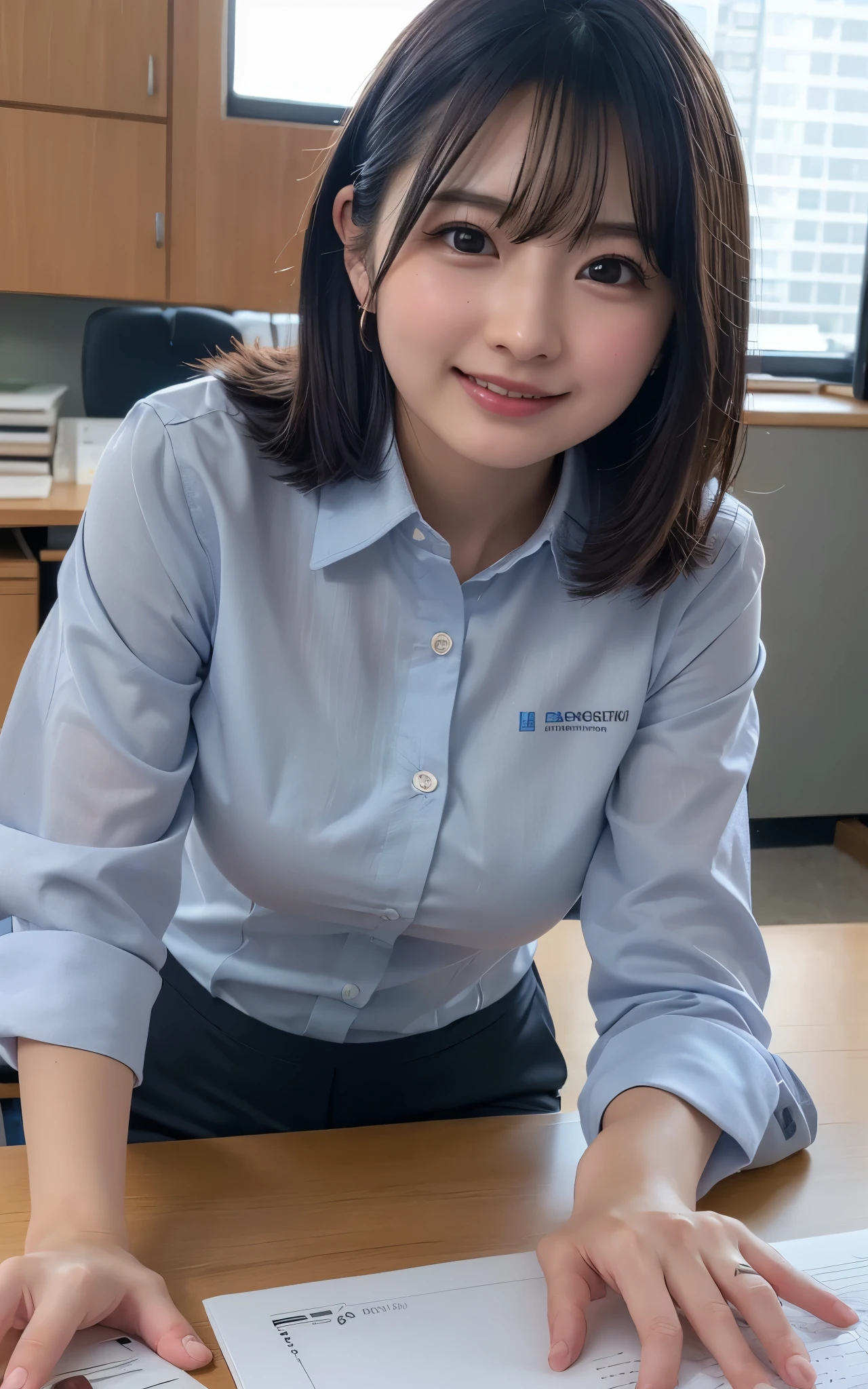 ((Best Quality, 8k, Masterpiecedetails, ultra-high resolution)), (looking at the viewer), (full shot:), attractive business 1 milf stting down on office, desk, a bit chubby:0.25, white collared shirt, grey long pants, (laying down on office desks)), smile, office of CEO,