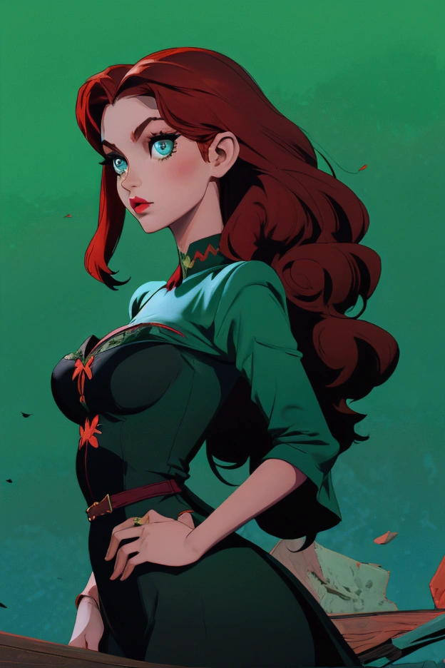 Salma character of day of the dead, green eyes, Big breasts and hips, short red hair and wears a long tight black dress