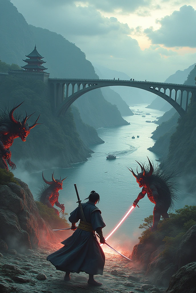 *combat*
Sorry to heat; with a katana ;attacks the demons with his katana;in a big bridge over a river, fights with demons in standard 4hd