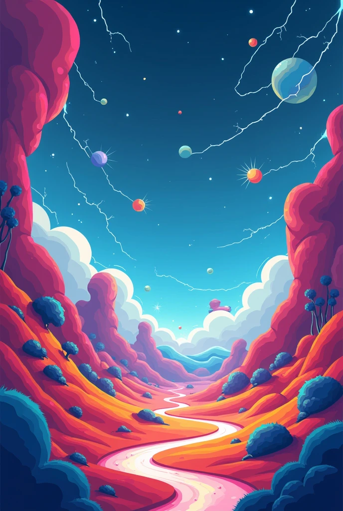 Draw and create a minimalist fantastic land of Energyland, where the laws of physics came to life, it must be cute and colorful for kids