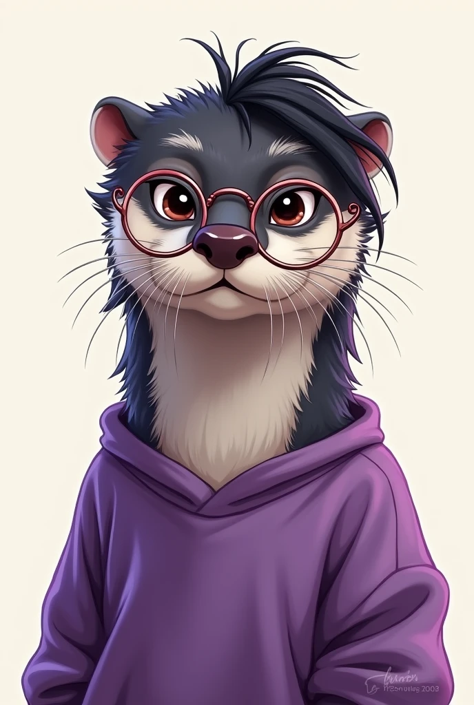 otter , black and purple hair, wearing glasses and a sweatshirt