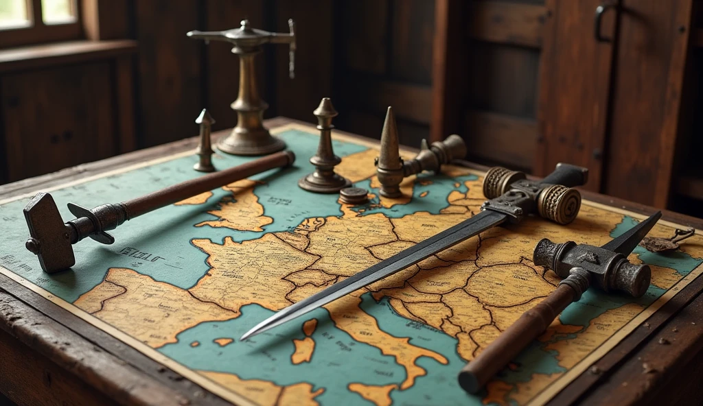 A detailed image depicting medieval weapons such as maces and swords laid out on a map of Europe, placed on a wooden table inside a medieval campaign tent. The setting reflects the strategic planning of military leaders during a war, showing how conflict spurred innovations in technology and military strategy. The scene is rendered in the style of Edmund Blair Leighton, with an emphasis on historical detail and a rich, evocative atmosphere, capturing the gravity and complexity of medieval warfare., Surrealism, Hyperrealism, UHD, retina, masterpiece, accurate, anatomically correct, textured skin, super detail, high quality, 16k