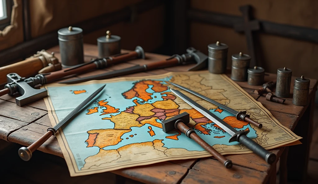 A detailed image depicting medieval weapons such as maces and swords laid out on a map of Europe, placed on a wooden table inside a medieval campaign tent. The setting reflects the strategic planning of military leaders during a war, showing how conflict spurred innovations in technology and military strategy. The scene is rendered in the style of Edmund Blair Leighton, with an emphasis on historical detail and a rich, evocative atmosphere, capturing the gravity and complexity of medieval warfare., Surrealism, Hyperrealism, UHD, retina, masterpiece, accurate, anatomically correct, textured skin, super detail, high quality, 16k