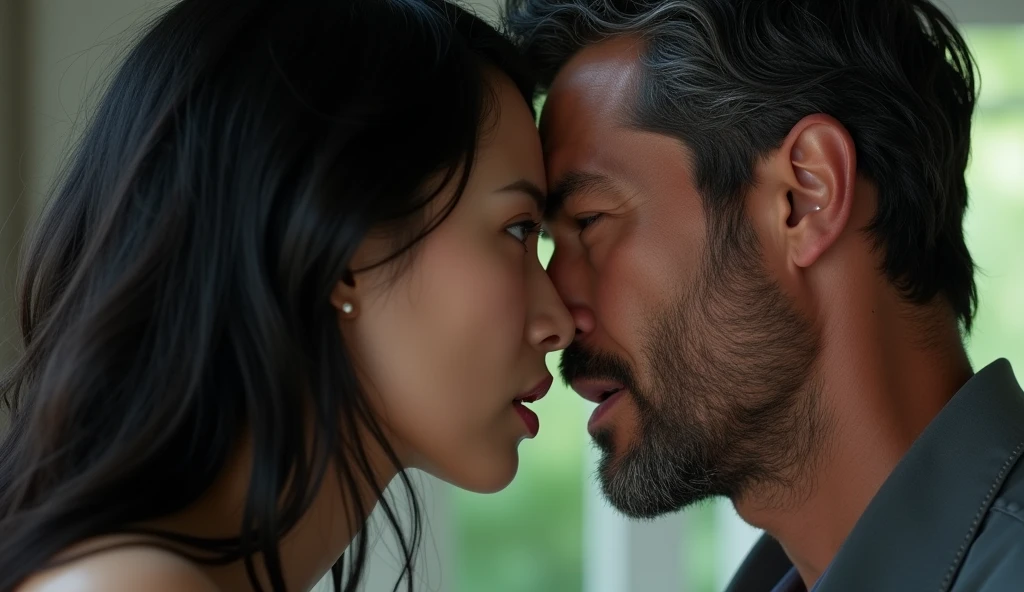 white skinned woman with long black hair,2, she has asian descent, ultra realistic beautiful woman with detailed face, ultrarealistic photograph, she is arguing with her husband, he is a 3 western man, with black and slightly gray hair