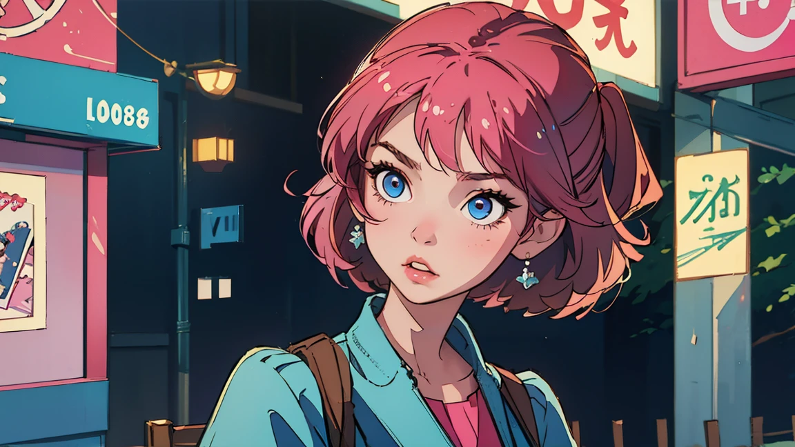 highest quality, masterpiece), 1 Girl, 1980s \(style\)Beautiful expression,Gazing at the audience,\(style\)Upper Body,,pin up ,\(style\), Short Hair,Short bangs,Audrey,\(style\), citypop, lofi,\(style\),1980s fashion,casual,1980s fashion, \(style\)tokyo,Building district,Pink-hued streetscape,neon,Night view,Electronic bulletin board