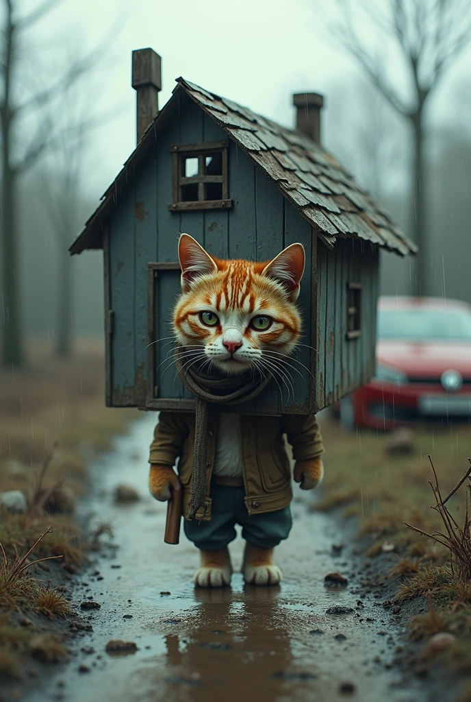 一只小猫 穿着破烂的衣服 表情哭泣 背着一个房子 和小猫 旁边还有一辆车 下雨天路上都是泥泞的泥土 Concept Artistry, reflects an imaginative and surreal environment., Energetic, photo, Concept Art, 3D Rendering