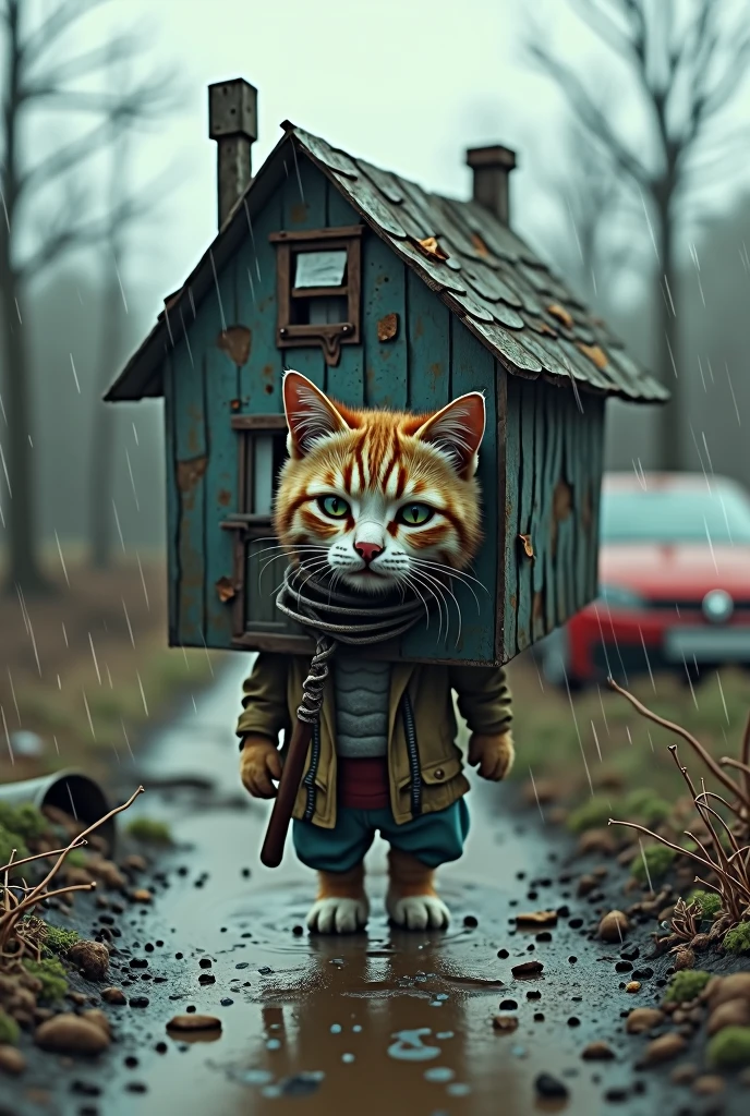 一只小猫 穿着破烂的衣服 表情哭泣 背着一个房子 和小猫 旁边还有一辆车  下雨天路上都是泥泞的泥土 Concept Artistry, reflects an imaginative and surreal environment., Energetic, photo, Concept Art, 3D Rendering