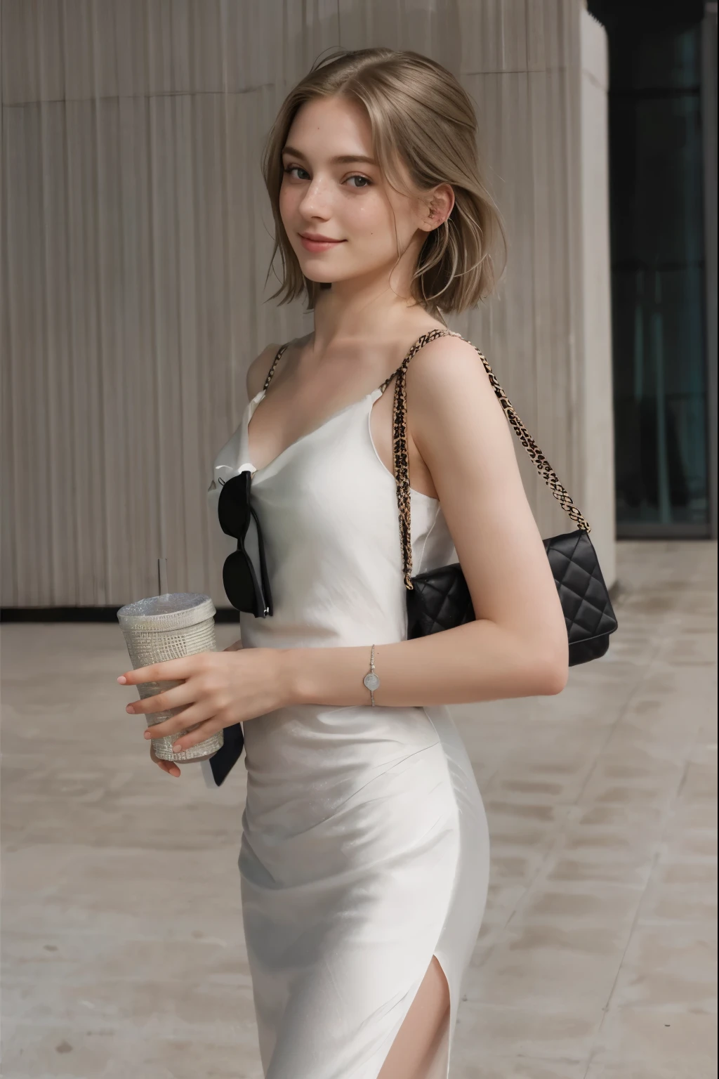 Woman, americana, age 25, pale skin and freckles, gray eyes, delicate nose, soft and delicate lips, far away, cabelo blondie far away e ondulado na altura da cintura, sweet smile, face with delicate feminine facial features, highly rendered