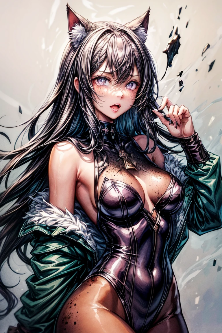 a cat woman with freckles, dark brown eyes, and an upturned nose, she is very happy, she has long wavy hair, black hair, wearing aviator sunglasses with clear lenses in a soft watercolor style. The girl's clothes must be in pink, purple, and blue in celebration of the bisexual, with stains of ink and watercolor mixing and filling the scene. There should be a subtle, nuanced change in colors using the impasto technique with gouache paint. There should be a light rain in the watercolor painting with a little watercolor paper texture and a pastel background.