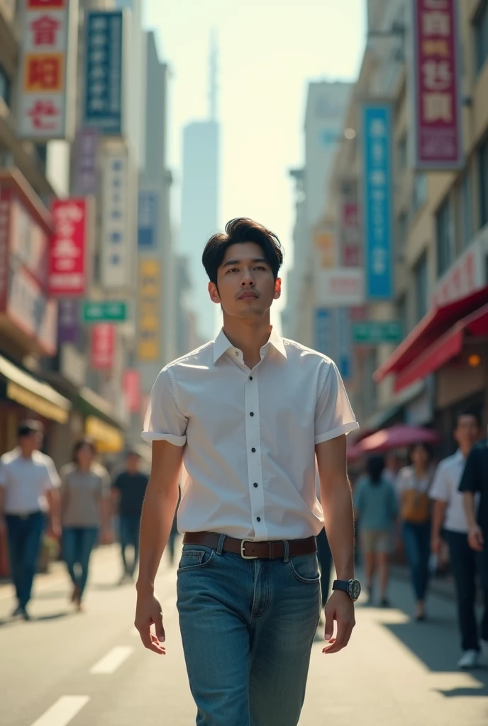 Image of a young black-haired Korean man dressed in blue jeans and a white shirt walking outside on a busy street looking for work 