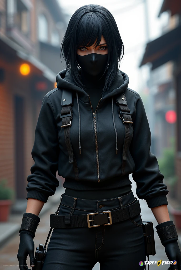 Create a 3D Free Fire character with black hair and a black mask