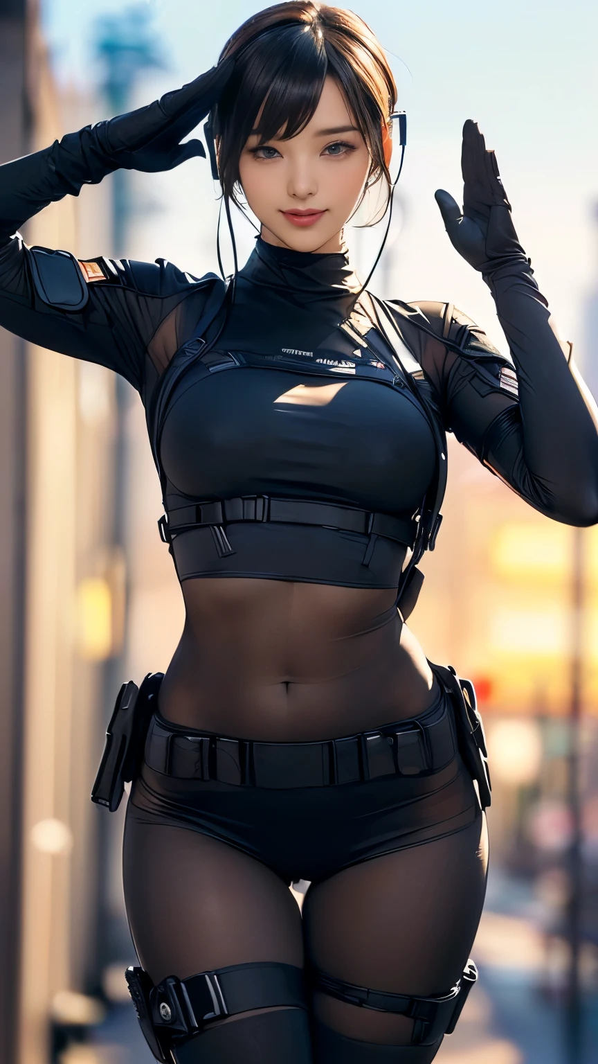 (A woman),(((A woman salutes with her right hand.:1.5))),(((Straighten the left hand:1.5))),((Black tactical tights:1.5)),((Black headphones:1.5)),((Black tactical holster:1.5)),(Black Gloves:1.5),(Smile:1.5),(short hair:1.5),(beautiful eyes:1.3),(Very detailedな顔:1.5),((Very detailedな女性の手の描画:1.5)),((muscular:1.5)),(Sexy appearance:1.5),((Thick thighs:1.5)),(Beautiful Body:1.5),((Very sensual:1.5)),(Background is the city:1.5),(((Blurred Background:1.5))),(Written border depth:1.5),rest(((masterpiece:1.5),(best quality:1.5),(Very detailed:1.5),(high resolution:1.5),(Practical:1.5),(Practical:1.5),(Delicate depiction),(Carefully drawn))),8K,wallpaper