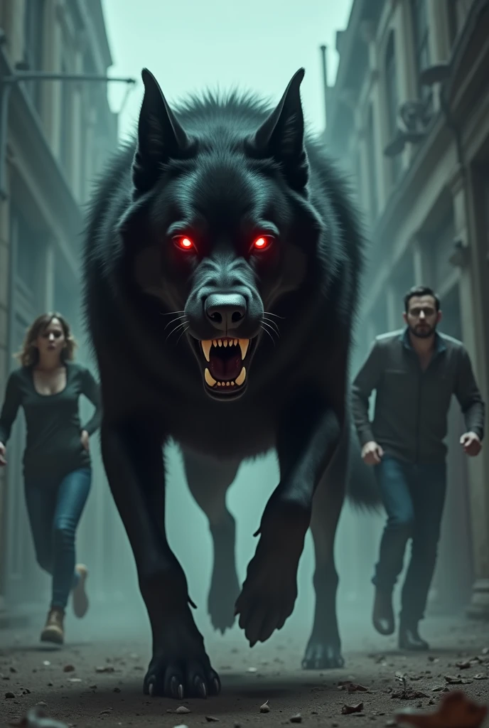 Man and woman, chased by a large black dog with red eyes