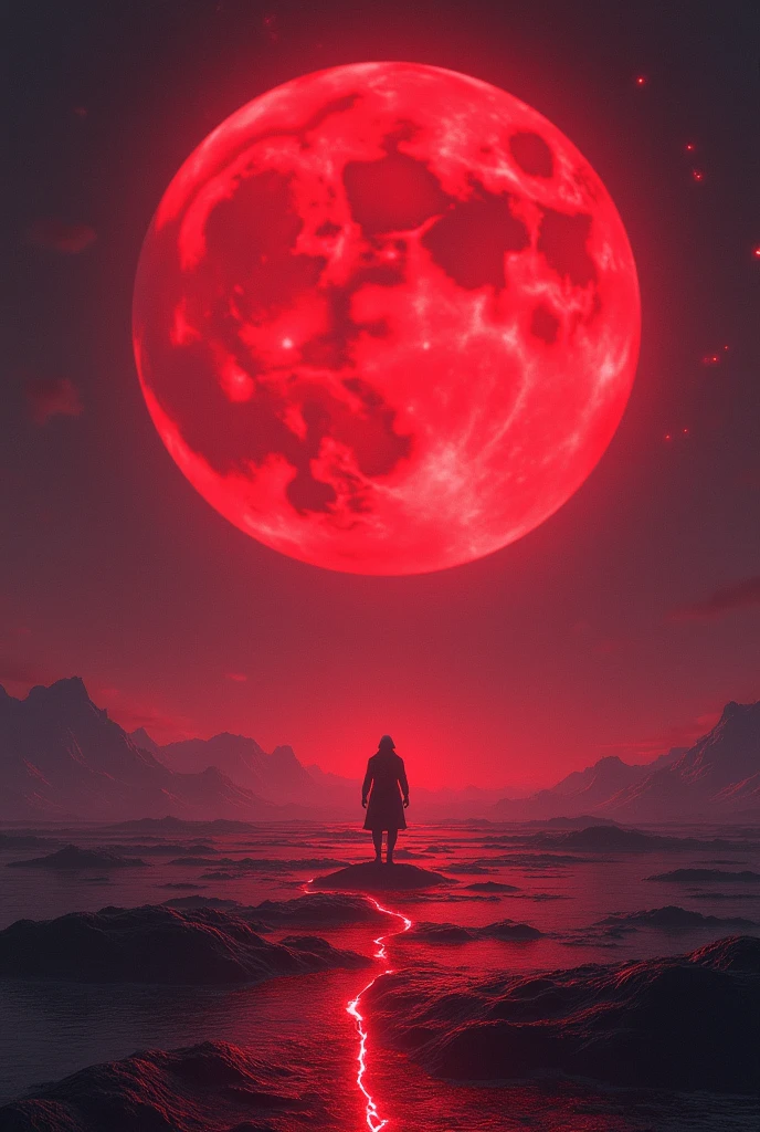 In a flat world where mana is visible all around、There is a red moon in the background.