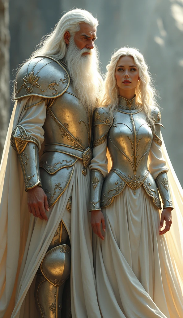 A white haired man ,very long white shiny hair, and woman with White and gold armor and a cape related to the Knights of the Zodiac, His armor will have the combination of a lion spirit and a puma and his human companion with a white armor with the spirit of a white dog