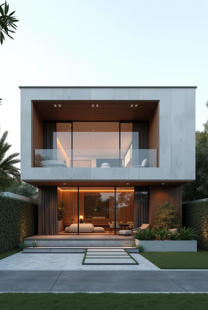 Here’s a detailed prompt you can use to generate an image of the house:
"Design a minimalist and futuristic two-story house featuring a sleek facade with large glass windows and modernist wooden accents. The house includes a spacious garage and a large front garden. The ground floor layout consists of an open-plan living room, dining area, a study room, a spacious kitchen, and a half bathroom. At the back, there’s a well-maintained garden with a laundry room. The upper floor houses two bedrooms, each with its own en-suite bathroom, a master bedroom with an en-suite bathroom and walk-in closet, a small sunroof terrace, and a game room. The design incorporates clean lines, minimalistic furniture, and a seamless indoor-outdoor connection with nature."