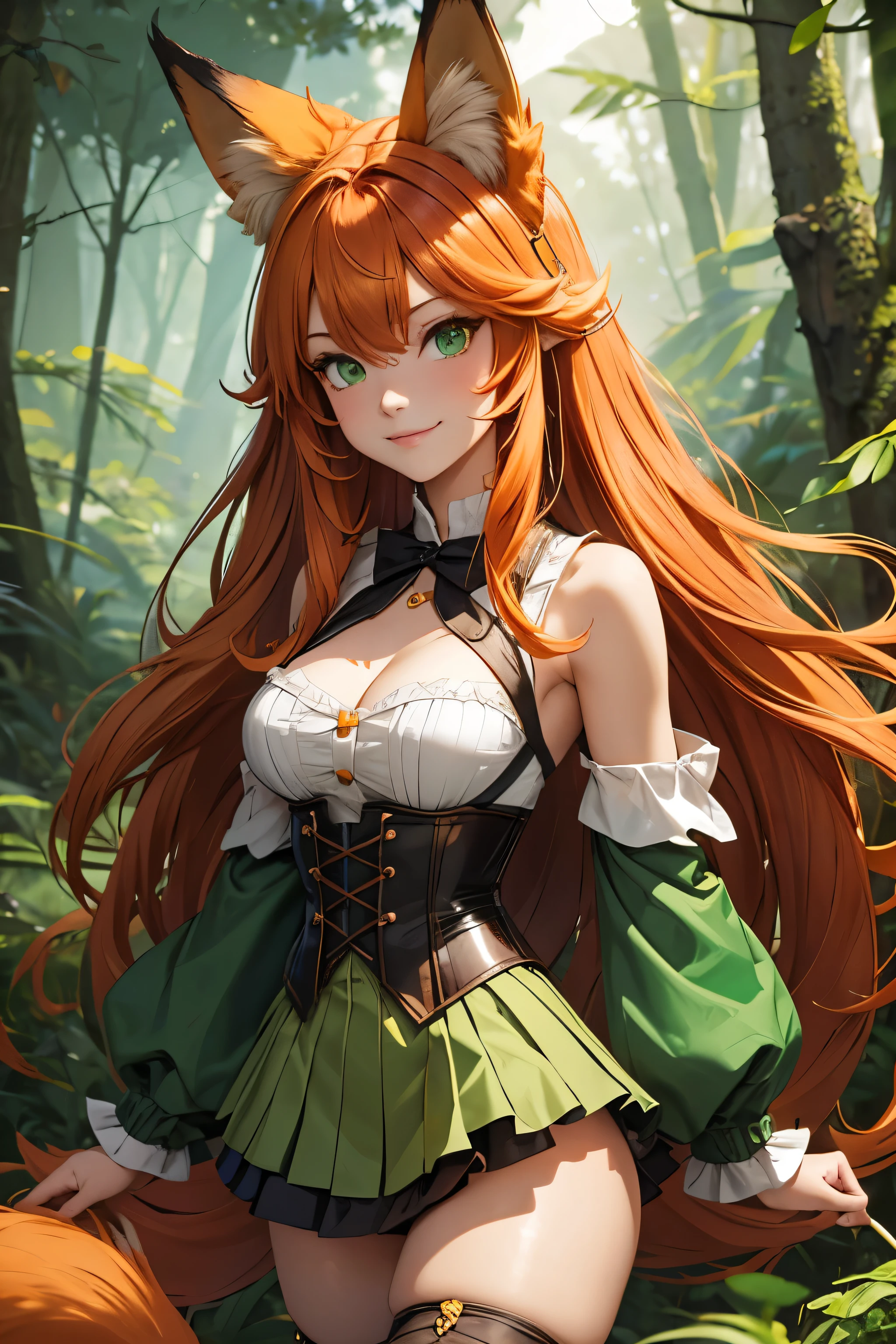 Woman, Fox Lady, Orange Hair, long Hair, Fox Ears, Green Eyes, Brown Mini Skirt, Green Corset, in the Forest, Mischievous Ssmile