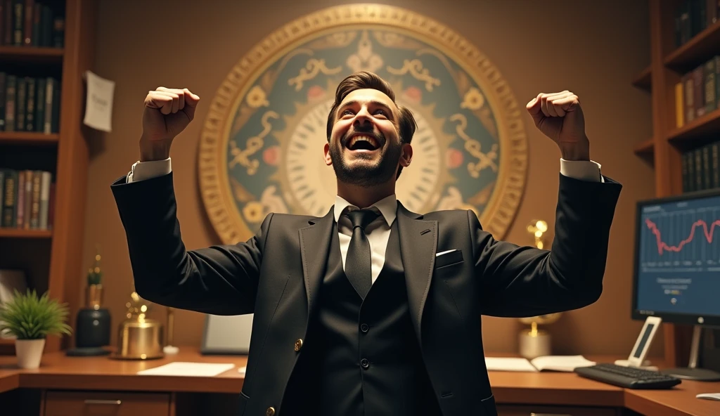 "A trader celebrating a successful investment decision with astrological charts visible in the background. The mood should be triumphant and rewarding, highlighting the effectiveness of blending astrology with investing. --ar 16:9"