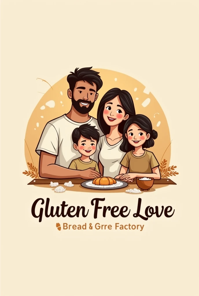 logo of a bread and cake factory, called Gluten Free Love, in the center a family with a beardless father, a mother, a son and a daughter