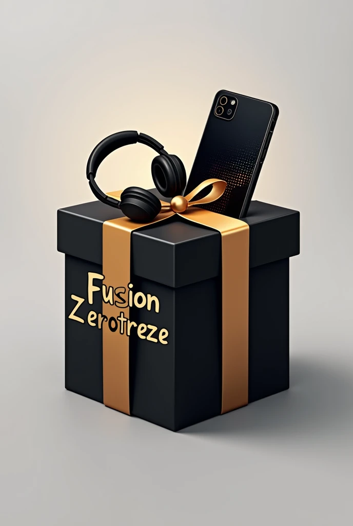 Logo for store with the name Fusion Zerotreze in large letters, a gift box with a cell phone and headphones in black and gold coming out of it