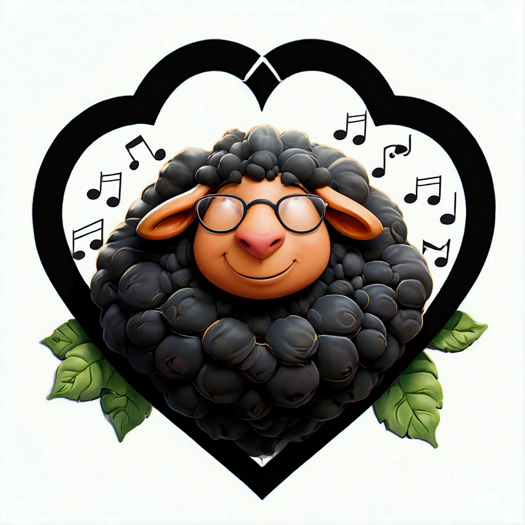 A logo of a black sheep inside a heart symbol. The sheep is visibly pleased, with a smiley face. The background is white. There is a green leaf above the heart symbol has piano keys patterns in it, musical notes flying out of the heart symbol, the sheep is wearing seeing glasses.