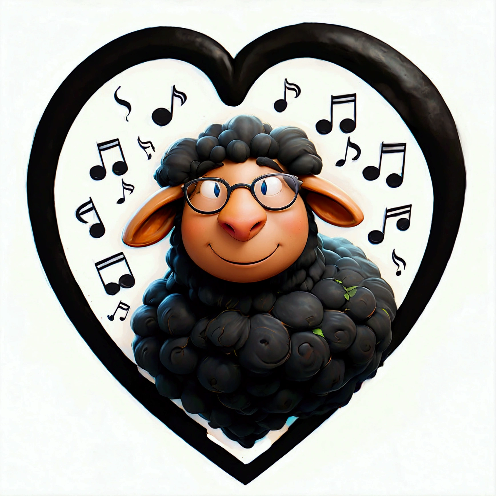A logo of a black sheep inside a heart symbol. The sheep is visibly pleased, with a smiley face. The background is white. There is a green leaf above the heart symbol has piano keys patterns in it, musical notes flying out of the heart symbol, the sheep is wearing seeing glasses.