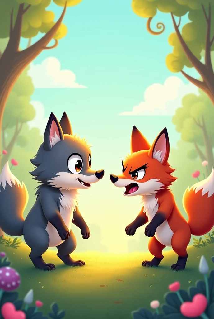 Cute cartoon wolf with angry fox