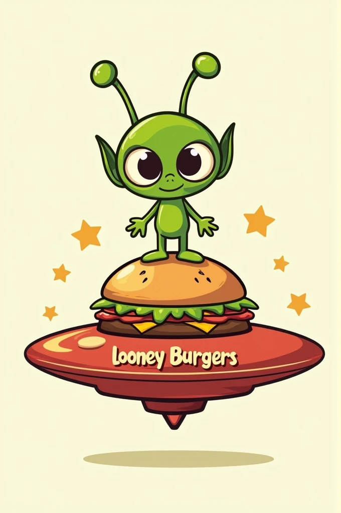 A logo for a hamburgers business called "Looney Burguers". The main element is a green friendly alien with large eyes. The alien is standing on a UFO-shaped spaceship that is a hamburger. The text "Looney Burguers" is written on the spaceship. There is not background