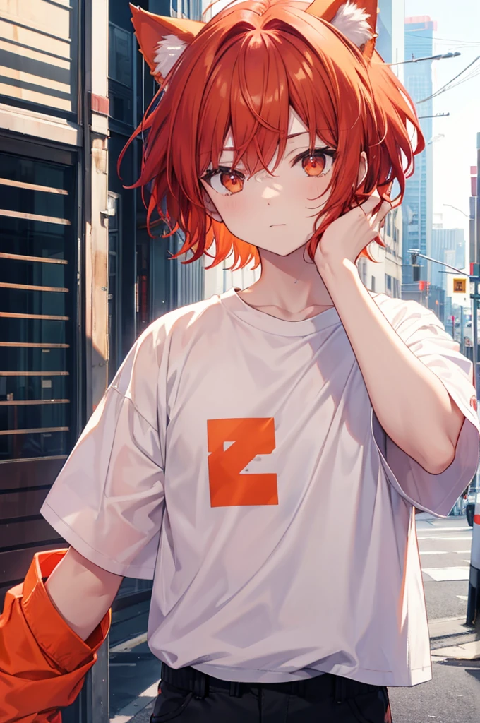 front,male,Red Hair,Orange Eyes,Dog ears,Short hair,Big white shirt,