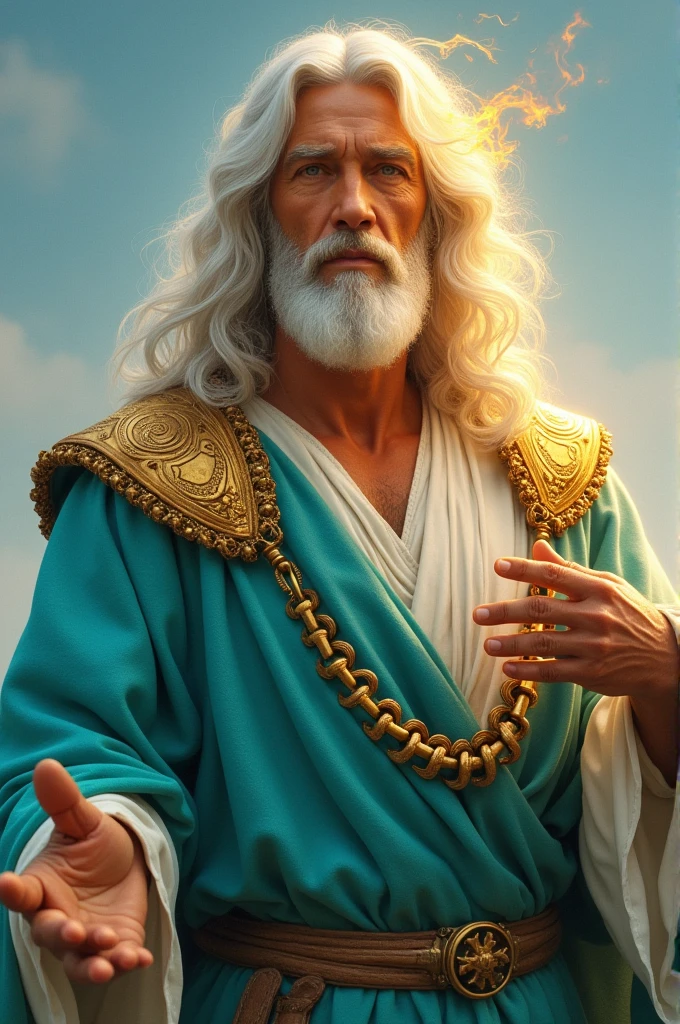 A man dressed in a turquoise linen tunic,
Girding his shoulders with gold ,
arms, hands and feet of bronze,
long white hair,
Add fire flames to the eyes,
with sky background ,
jesus,
Face with light