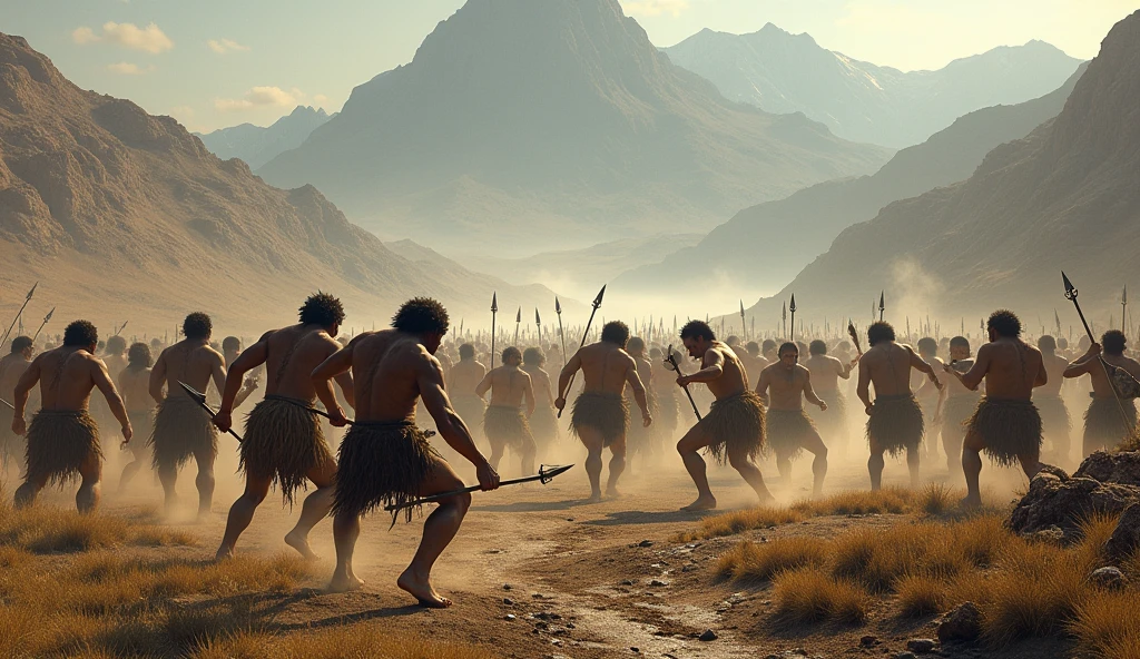 wide view of a war field; prehistoric mans fighting