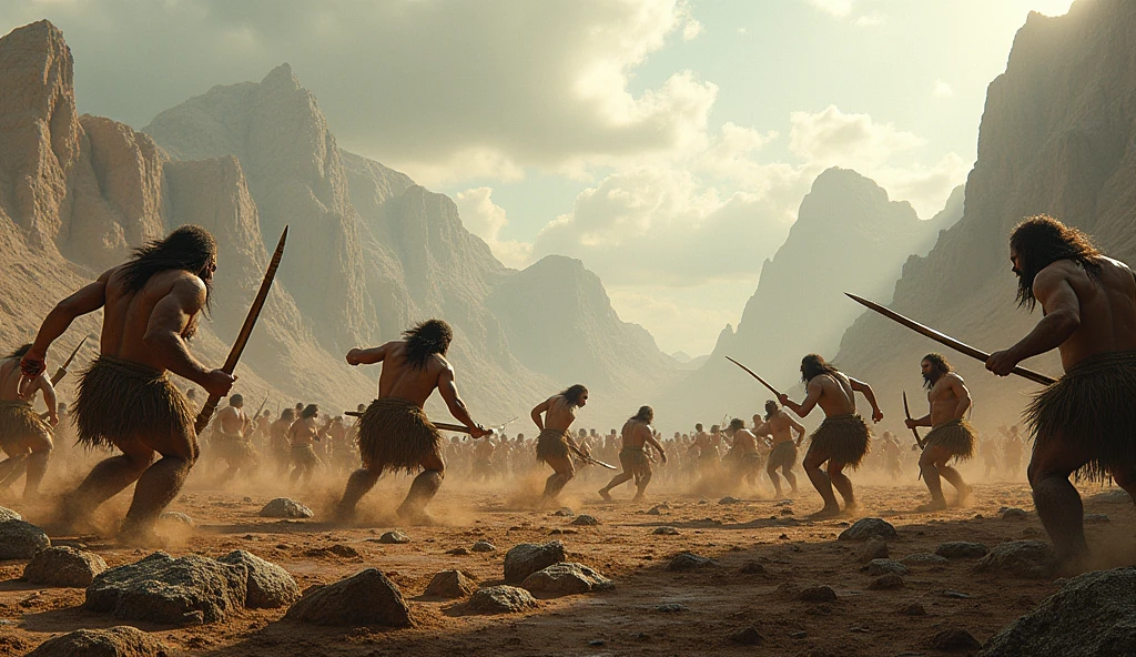 wide view of a war field; prehistoric mans fighting