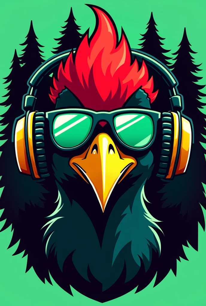 A cartoon illustration of a woodpecker's face, with an aggressive visual, wearing aviator sunglasses, e headphones, to be used as a vest patch for a forestry engineering athletic team. The feathers on the woodpecker's head should be red and black., and the long yellow beak. Put trees in the background and make an illustration in darker tones. The illustration should have a neon balance of green and red colors.