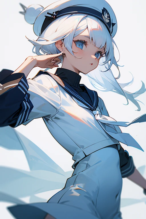all white, white hair and sailor hat forward