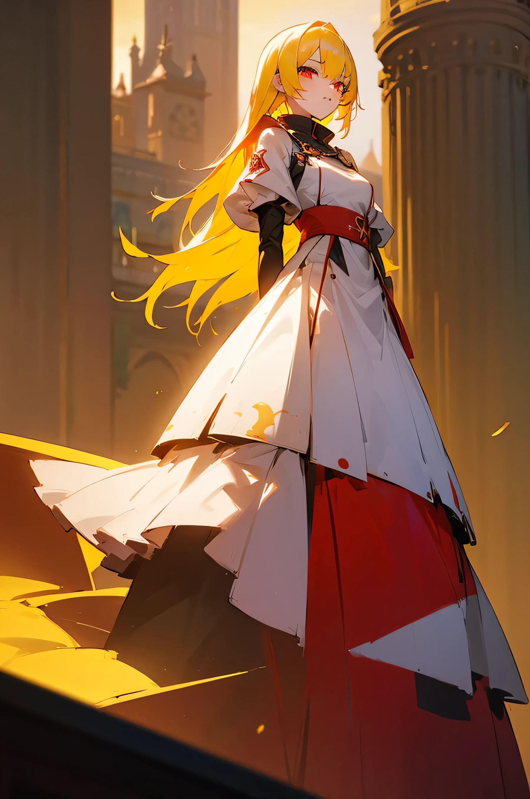 Female, young teen, Yellow hair, Red eyes, Yukata, Tower Background, Pretty, Nice Dress, Perfection.