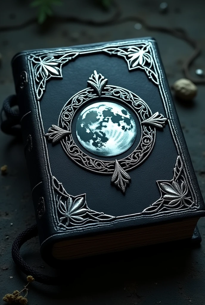 a black grimoire with silver carvings with small vine leaves on the four corners of the cover and in its center a full moon