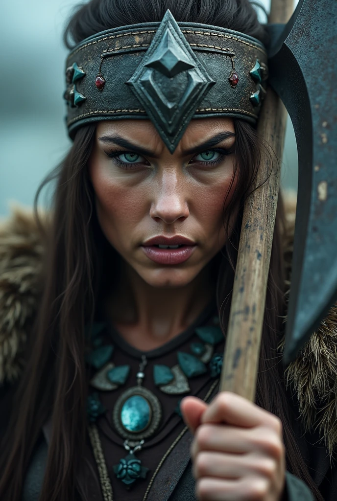 Close up viking warrior with axe in hand, Woman, blue eye, makeup on face, axe next to the face, large head ornament , necklace on the neck, angry