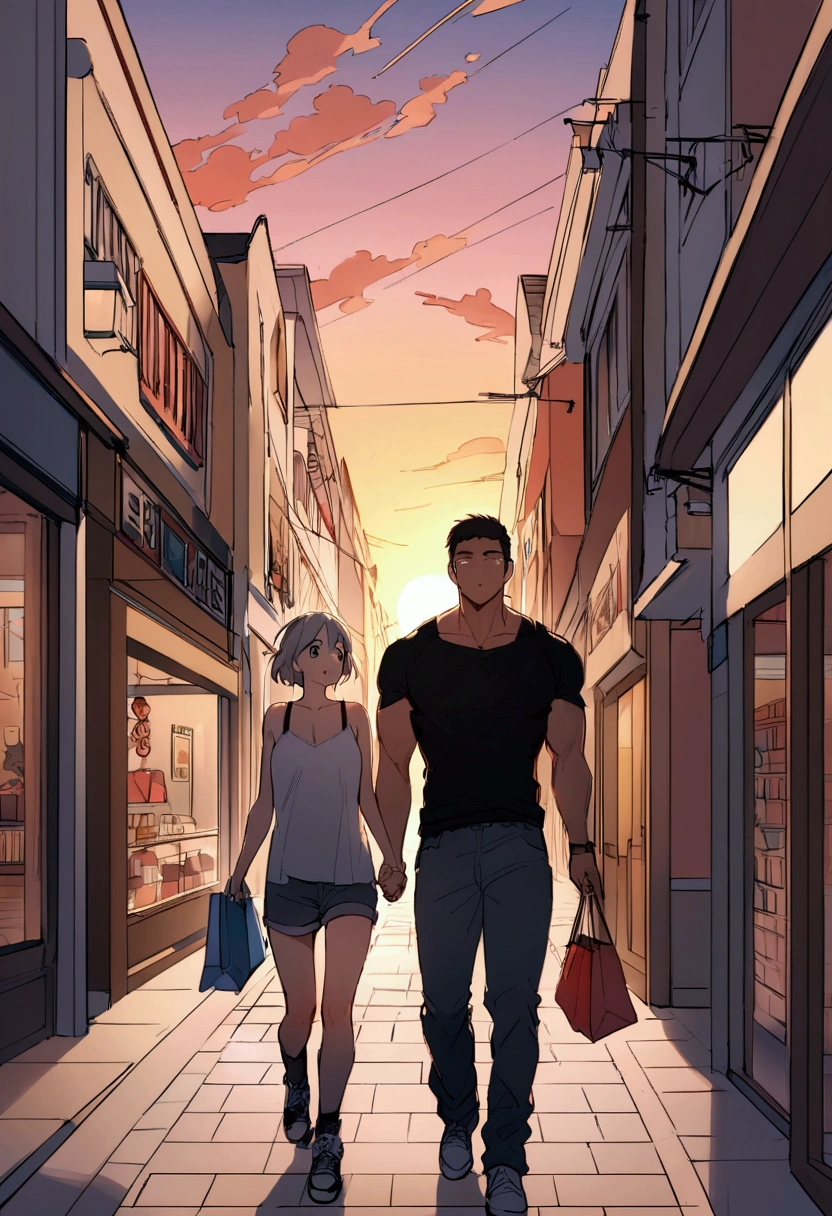 Highest quality、masterpiece、(Two men:1.5)、On the left is a muscular man with black hair wearing a tank top、On the right is a clothed, muscular young man with grey hair、Adjacent in the center of the screen、Holding hands、I'm shopping、Shopping Street、sunset