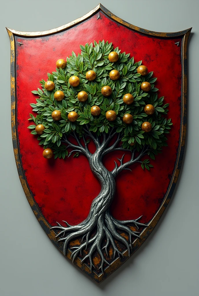 Red shield, with a green olive tree, plucked from silver and fruited from gold