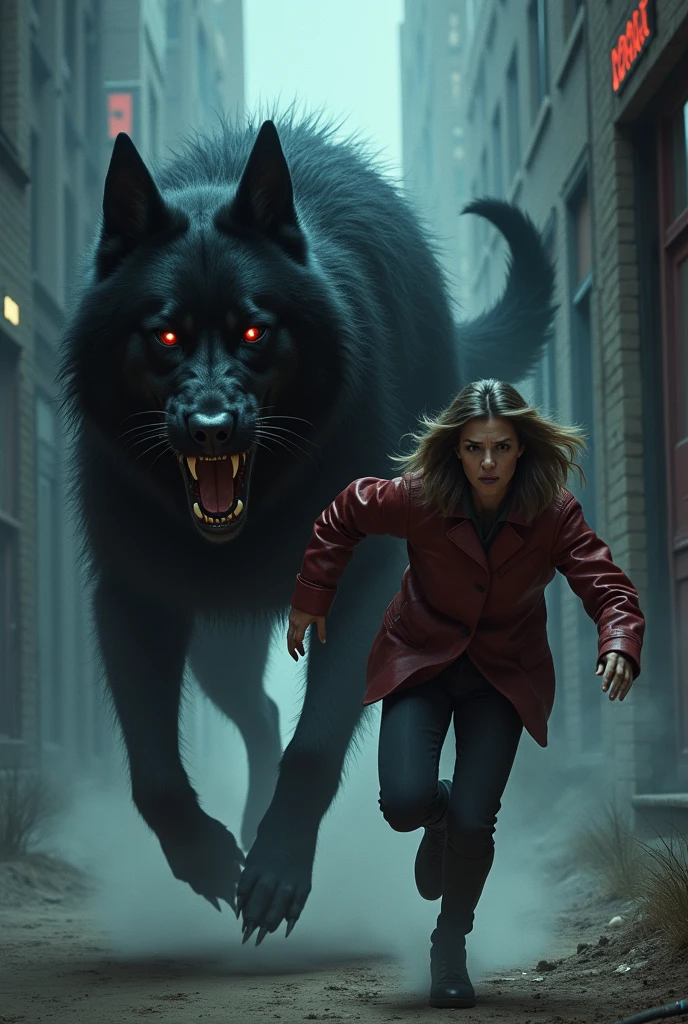 Man and woman, chased by a large black dog with red eyes