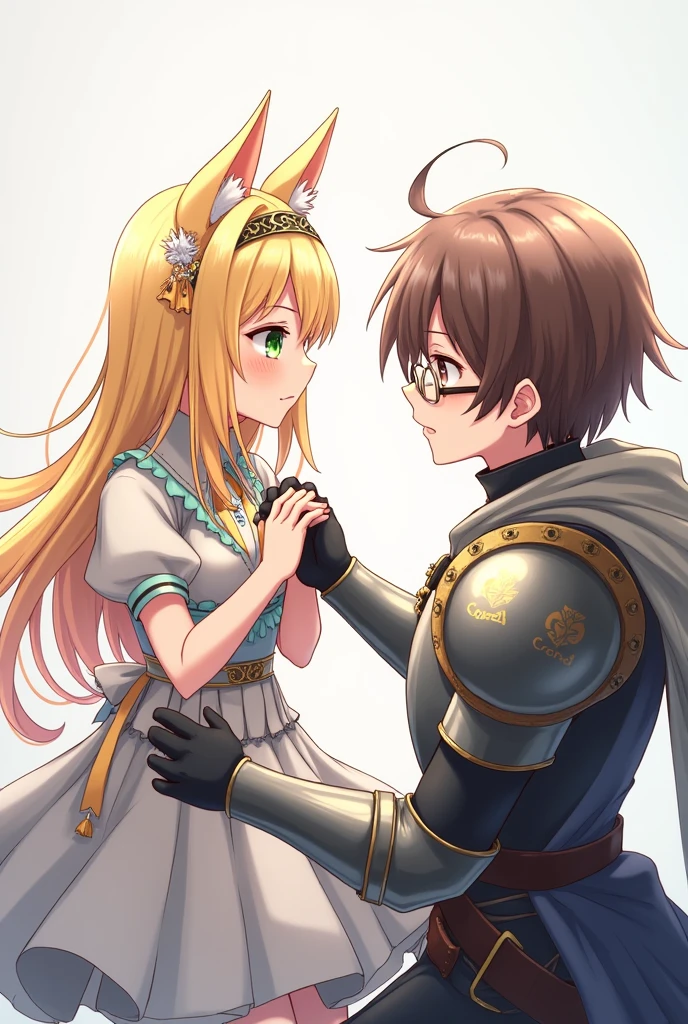 An anime gaming girl with cat ears, a crown, blonde hair and green eyes sits in front of a knight with brown eyes and brown hair and wearing glasses who kneels in front of her and holds her hand