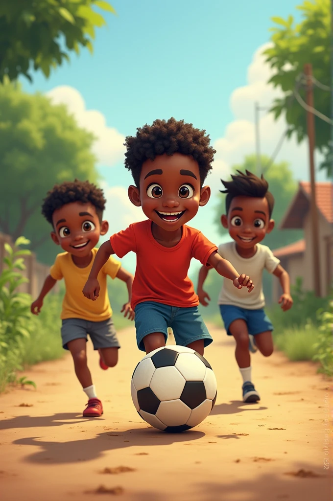 Create for me an image of a black boy playing soccer with his friends on a dirt road with a smile on each of their faces.