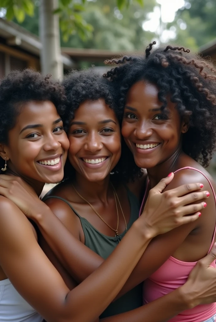 a selfie with a gathering of poor women who suffered possible domestic abuse, in the backyard of a house in the favela, that looks like an amateur photo, with a half-down smile, hugging, Brazilian Women, black, brunettes, curly and wavy hair