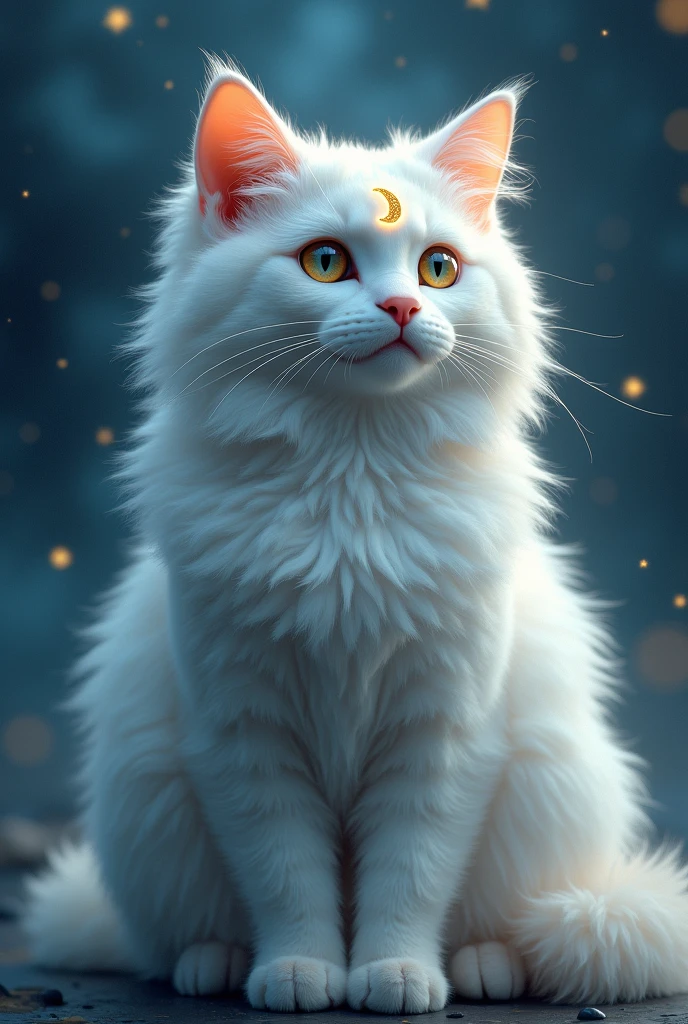 A white cat with a moon on its yellow forehead