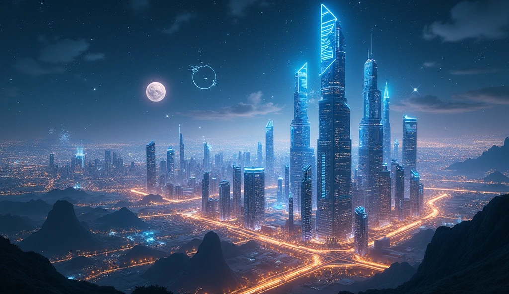 "An expansive view of a futuristic financial hub with celestial symbols in the sky and charts indicating future trends. The scene should be visionary and inspiring, suggesting progress and anticipation. --ar 16:9"