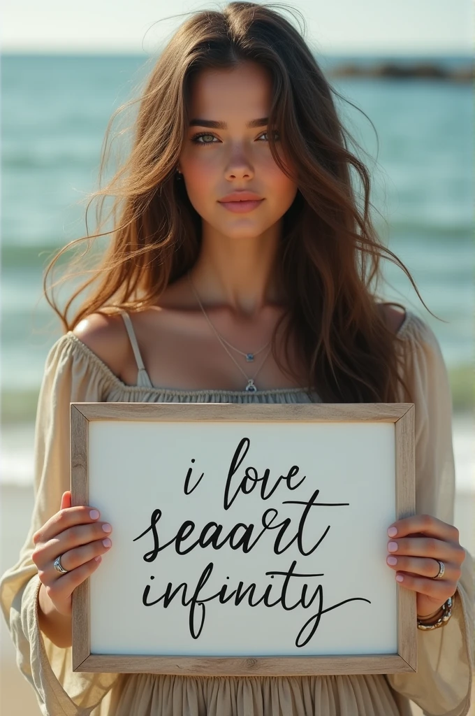 Beautiful girl with wavy long hair, bohemian dress, holding a white board with text "I Love Seaart Infinity" and showing it to the viewer