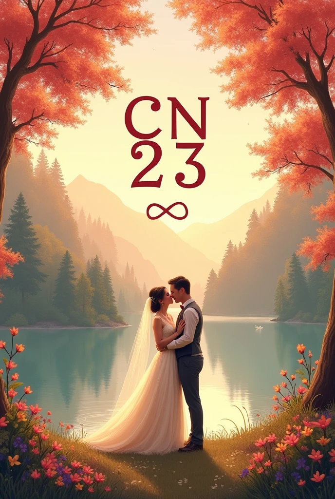 GENERA UNA IMAGEN CON LAS followingS LETRAS CN Y EL NUMERO 23, AND SMALL LETTERS CLEIVER AND NERSY, AND A SYMBOL OF INFINITE LOVE, following, IT'S FOR MY PARTNER, the letters are missing, CN and letters and the infinity symbol, that the letters are in capital letters, But don't forget the other details I told you., but another design,following, that it be like a painting, I want this design but add the 23, but let it be for an invitation, but beautiful, Wow, We are a happy couple, Give your creation an atmosphere, You are already close, May it be a beautiful landscape, and a couple